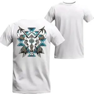 Oversized Gym Shirts Western Bull Skull & Feathers Graphic Tee Blue Aztec Patterns Unisex Country Style Top for Gym & Casual Wear