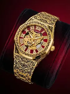 Men's Alloy Analog Fashion Watch, Fully Engraved Cut-Out Metal Case, Bold Full Diamond Accents Red Dial Luxury Timepiece