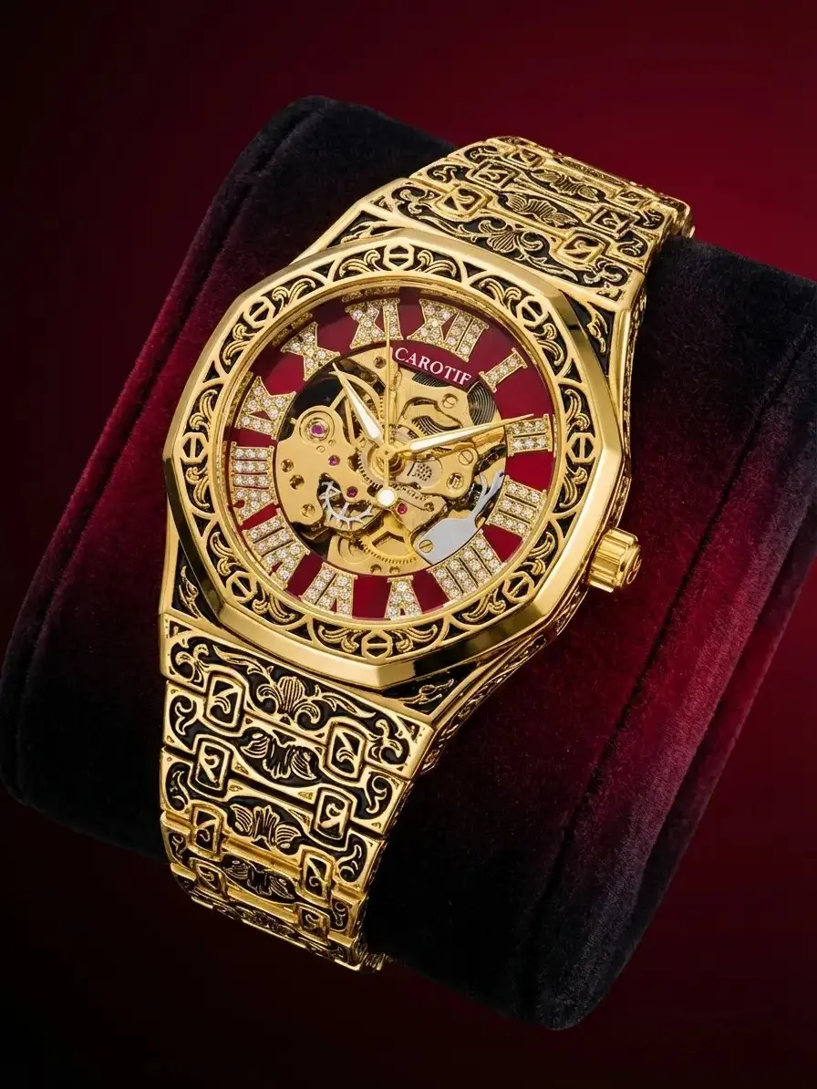 Men's Alloy Analog Fashion Watch, Fully Engraved Cut-Out Metal Case, Bold Full Diamond Accents Red Dial Luxury Timepiece