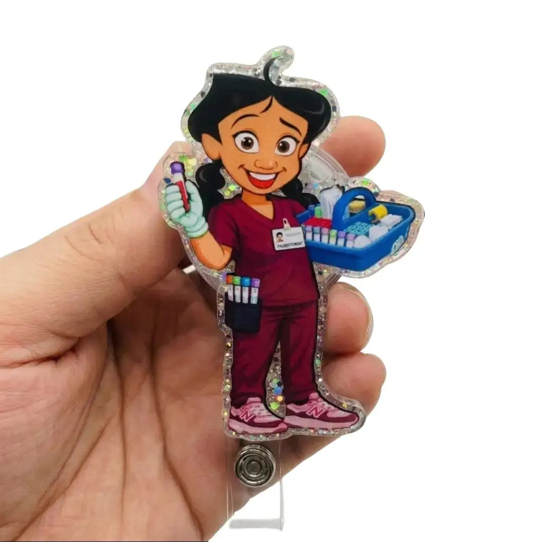 Funny Phlebotomy Sparkly Retractable Badge Reel Cute Phlebotomist ID Holder For Lab Tech Nursing Student Medical Professional Work Accessory