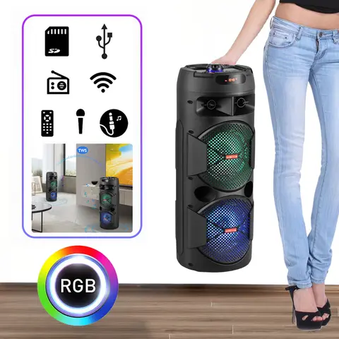 DAZONE Wireless Bluetooth Karaoke Speaker with Audio, 2x6.5in Subwoofers, Heavy Bass, Stereo Sound, Microphone, FM Radio, MP3 Player, Cable, Lights, Smartphone Compatibility, Micro SD Card Slot - Portable for Home, Outdoor Party