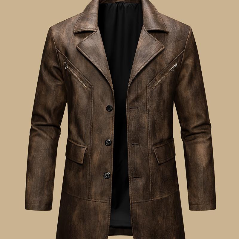 Autumn and winter men's overcoats, British industrial style PU long-neck suit jackets, retro motorcycle jackets, mid-length classic business casual gentleman's formal wear, riding style windproof jackets, designer's new high-end aged fabric, trendy b