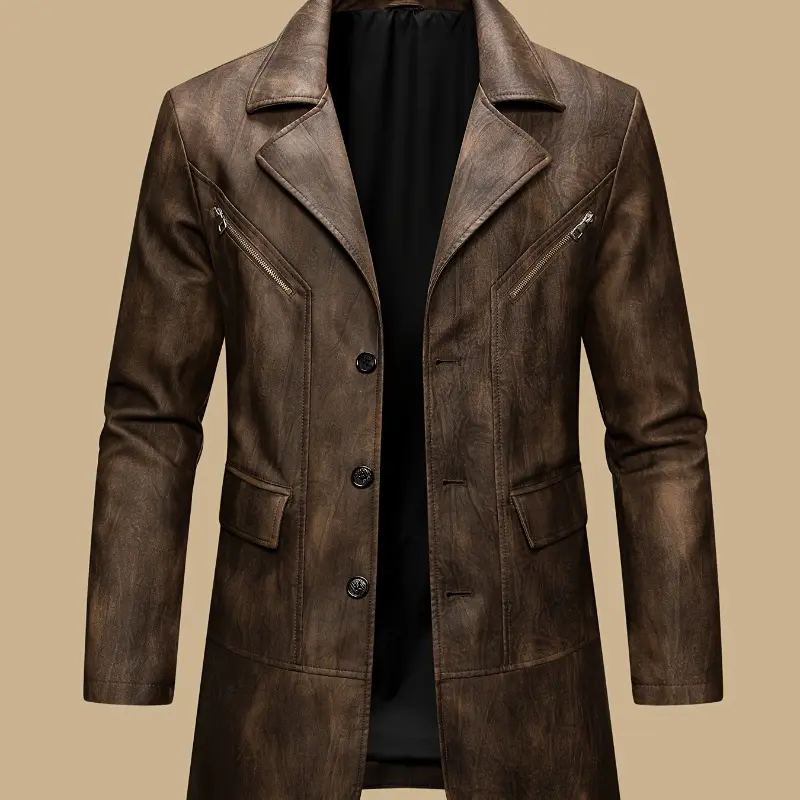 Autumn and winter men's overcoats, British industrial style PU long-neck suit jackets, retro motorcycle jackets, mid-length classic business casual gentleman's formal wear, riding style windproof jackets, designer's new high-end aged fabric, trendy b