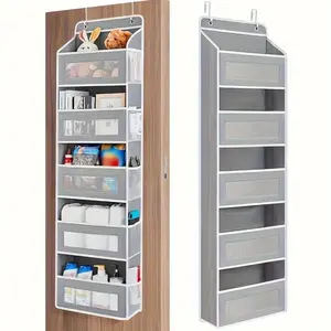 Space-saving door-mounted storage rack with transparent hanging bags, which can store cosmetics, towels and other items. It has a large capacity and is suitable for wardrobes, bathrooms, and dormitories.