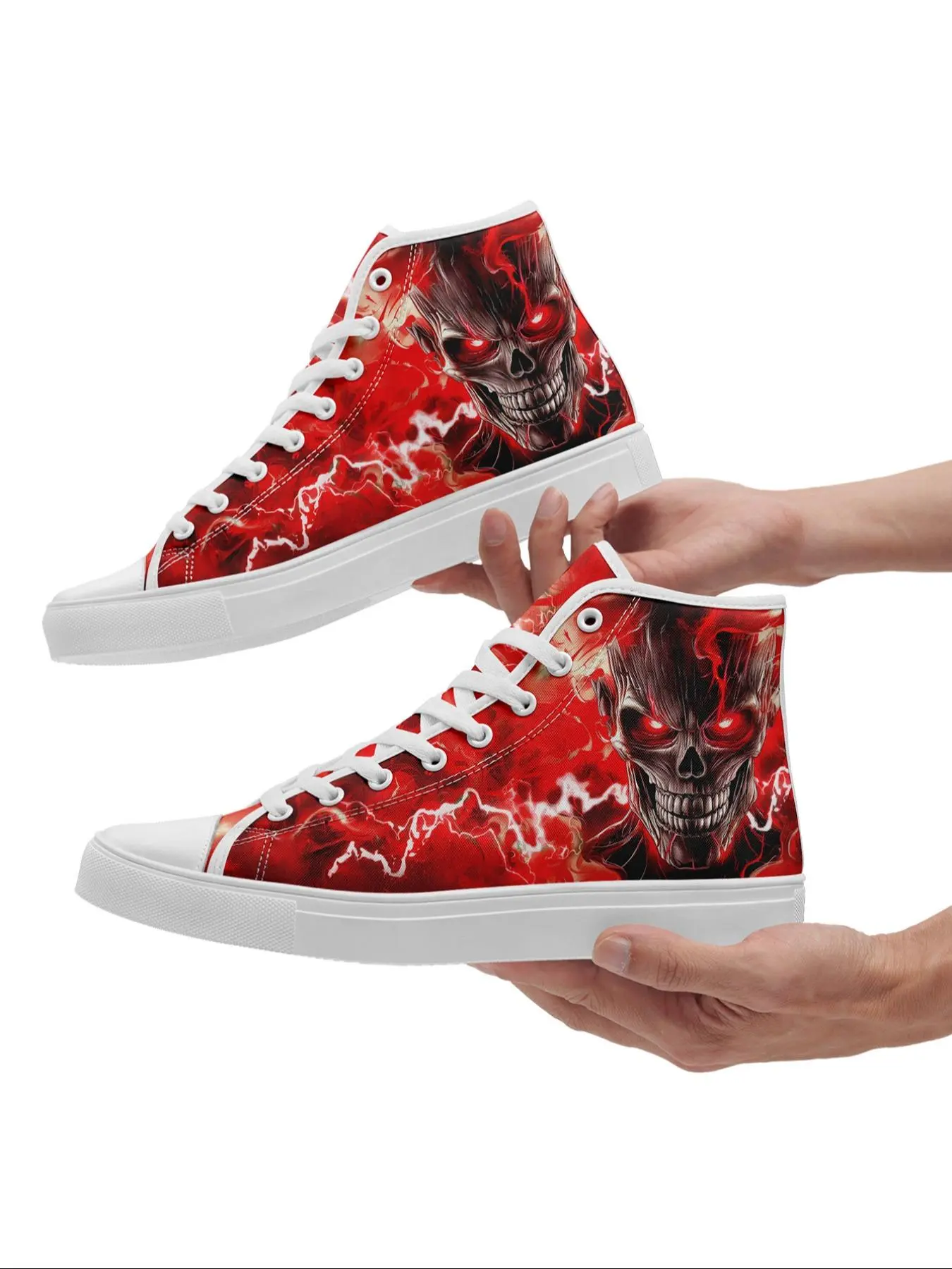 Men's Fire Skull Punk Fashionable Sneakers, Unisex Gothic Print Trainer Shoes for Streetwear & Halloween, Casual Above Ankle Lace-Up Footwear