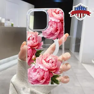 Elegant Pink Peony Pattern Magnetic Phone Case Supports Wireless Charging for iPhone 15 16 14 Pro Max 13 12 11 XR XS Plus E Shockproof Non Slip Protection Silicone Transparent Acrylic Large Hole Cover Cellphone Protective