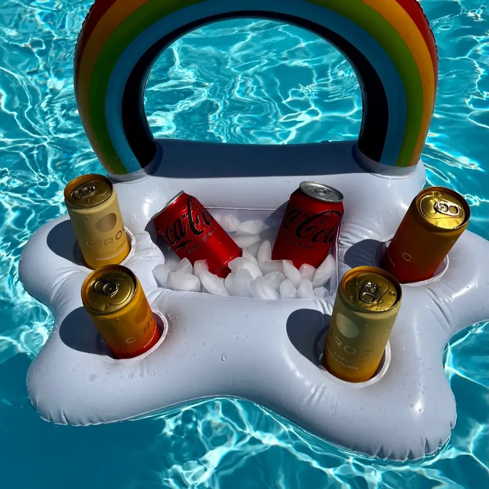 Rainbow pool drink float, hold all your snacks and extra beverages to stay in the water longer.