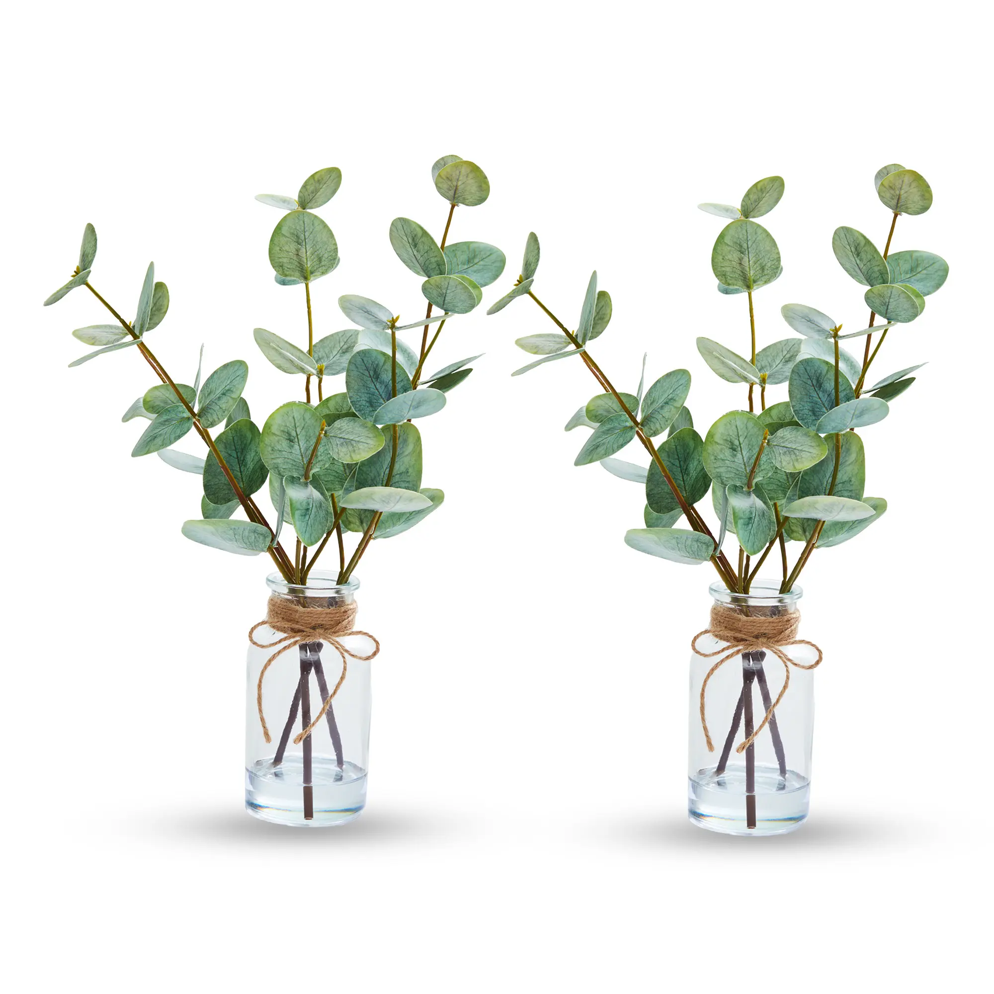 2Pcs Faux Eucalyptus Leaves Artificial Plants in Glass Vase with Faux Water Rustic Jute, 13" Fake Greenery Floral Arrangement for Room Decor, Bathroom Decor, Table Centerpieces, Indoor Office House Aesthetic Decor, No Maintenance Gift