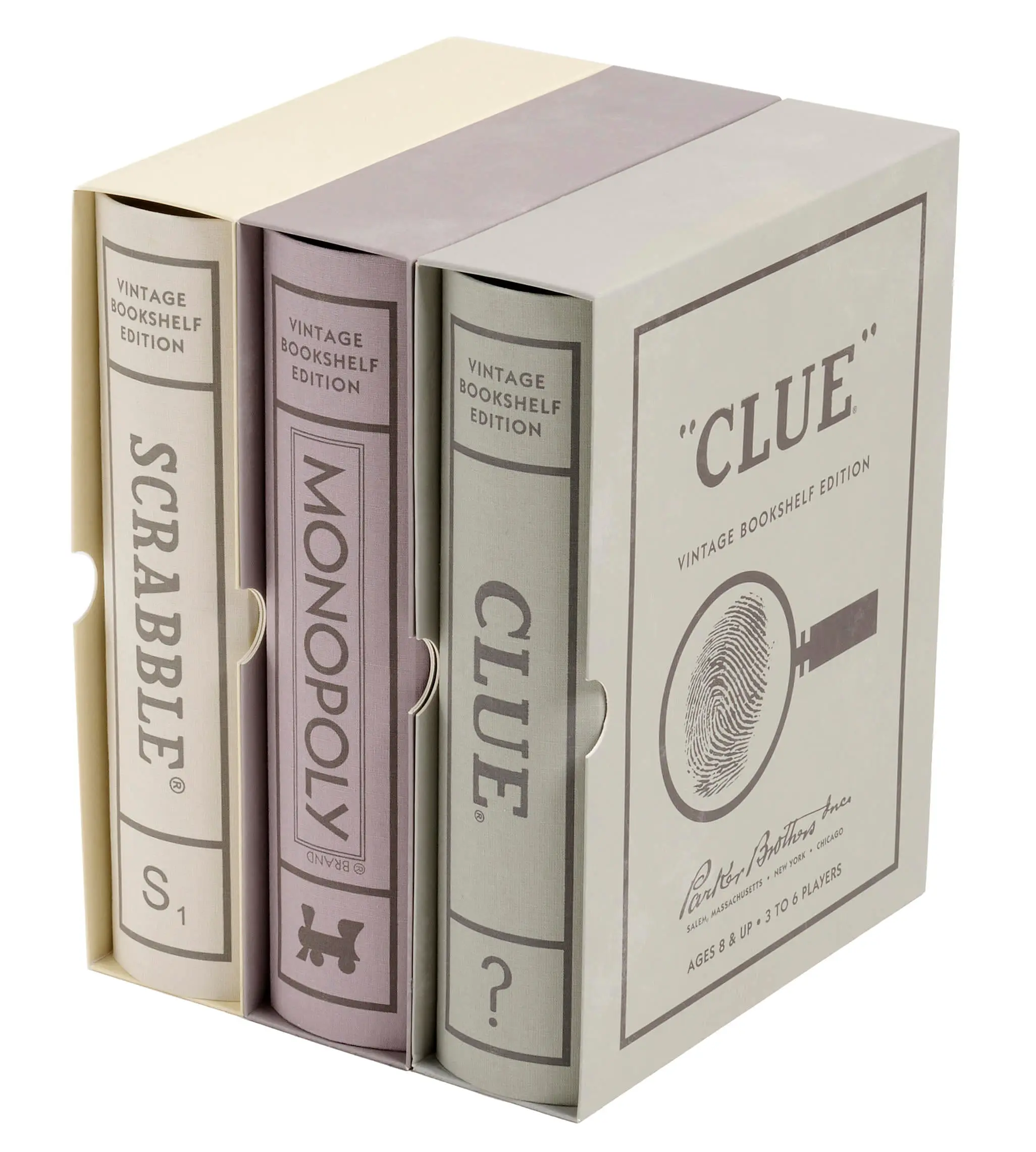 WS Game Company Scrabble, Monopoly, and Clue Vintage Board Game Bookshelf Collection for Ages 8+