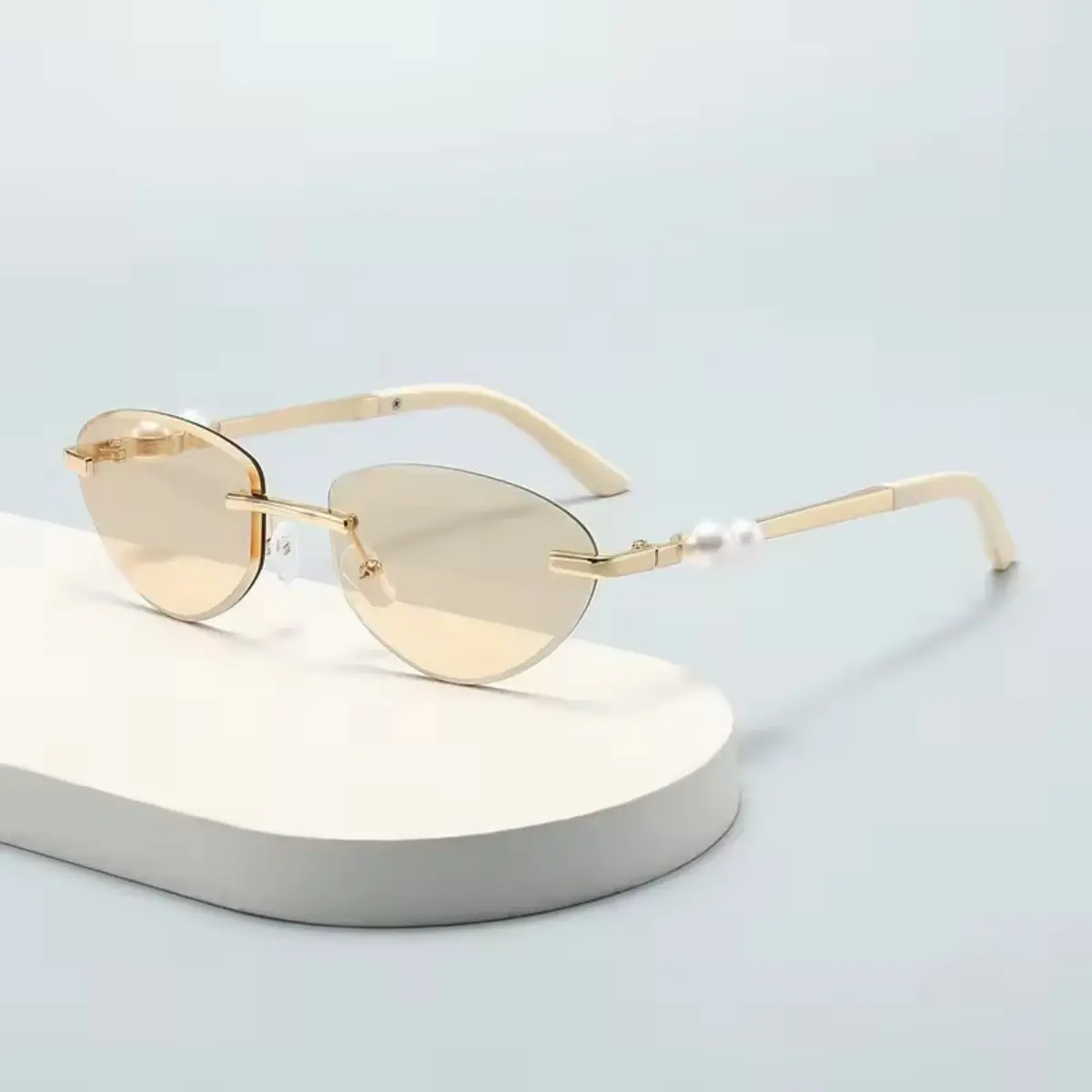 Rimless Cateye Sunglasses for Women Grils Trendy Casual Retro Metal Frame Sun Glasses Oval Fashion Y2K Sunnies Oval Sunglasses Small Sunglasses Gold Frame Round Shades Cute Designer Sunnies UV Protection