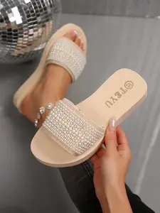 Women's Summer Flat Sandals Comfortable Slip-On Pearl Sequins Decor Outdoor Casual Beach Style Shoes