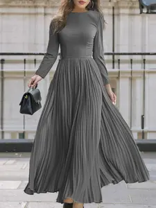 Women's Plain Pleated Zipper Back A Line Dress, Elegant Long Sleeve Round Neck Dress for Party Holiday Wedding Guest, Ladies Spring & Fall Clothes, Wedding Guest Gown