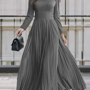 Women's Plain Pleated Zipper Back A Line Dress, Elegant Long Sleeve Round Neck Dress for Party Holiday Wedding Guest, Ladies Spring & Fall Clothes, Wedding Guest Gown