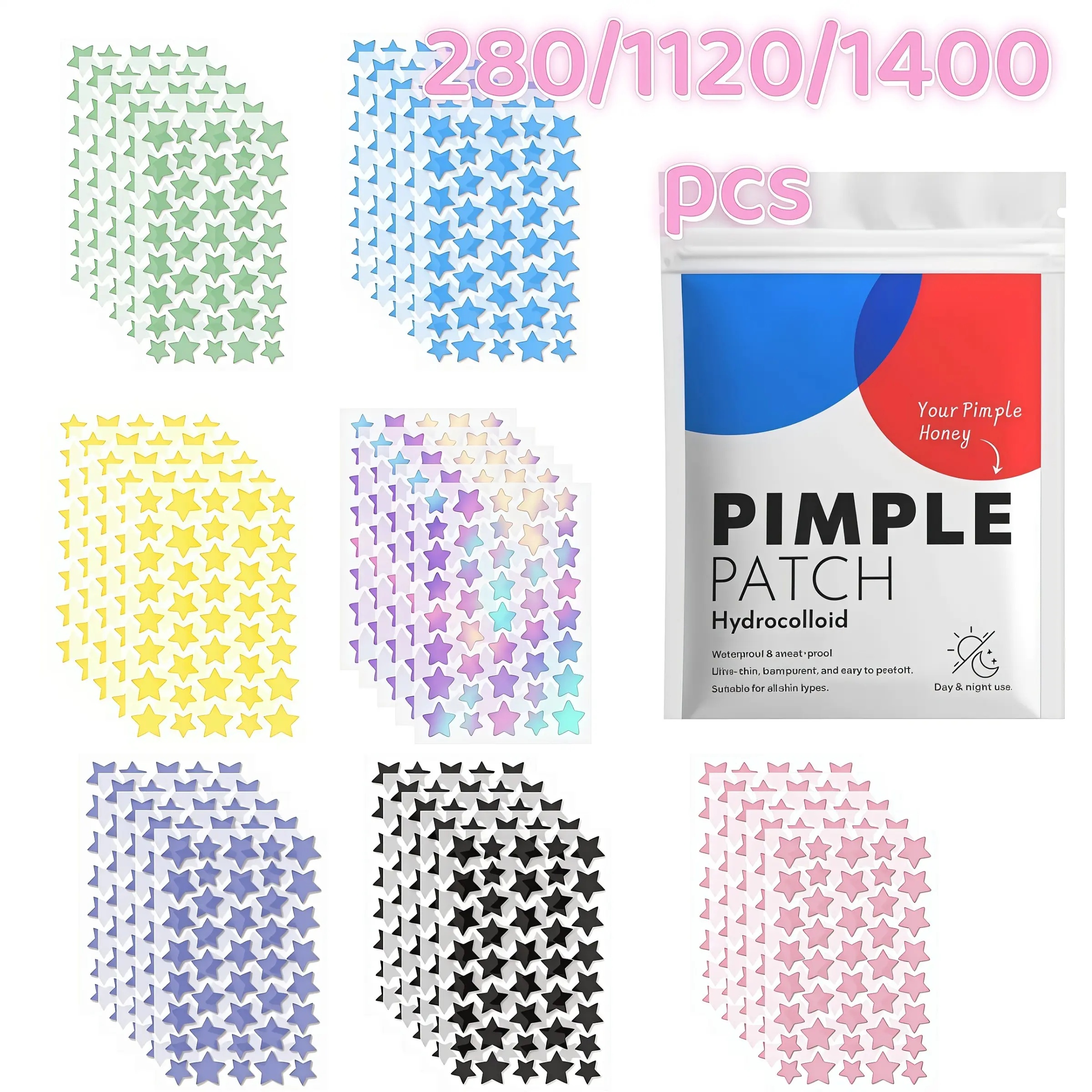 280/1120/1400pcs Rainbow Seven Color Star Acne Patches, Star Pimple Patches, Fun Star Shape Skin Cover Stickers, Multi-Color Mixed Sizes Face Patches, Ideal for Daily Makeup & Carry