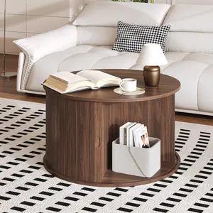 27.5" Mid-Century Modern Round Coffee Table with Storage – Small Wood Center Table, Sliding Doors & Fluted Design for Living Room, Small Spaces