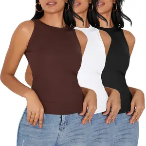 3 Pack Women's Ribbed Tank Tops Slim Fit High Neck Racerback Sleeveless Shirts Basic Layering Rib Knit Summer Tops (Black, White, Brown)