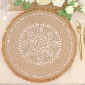 4-Pack Jute Fringe Placemats 15" Round White Embroidery Print Design Natural - Rustic Burlap Tassel Dining Mats