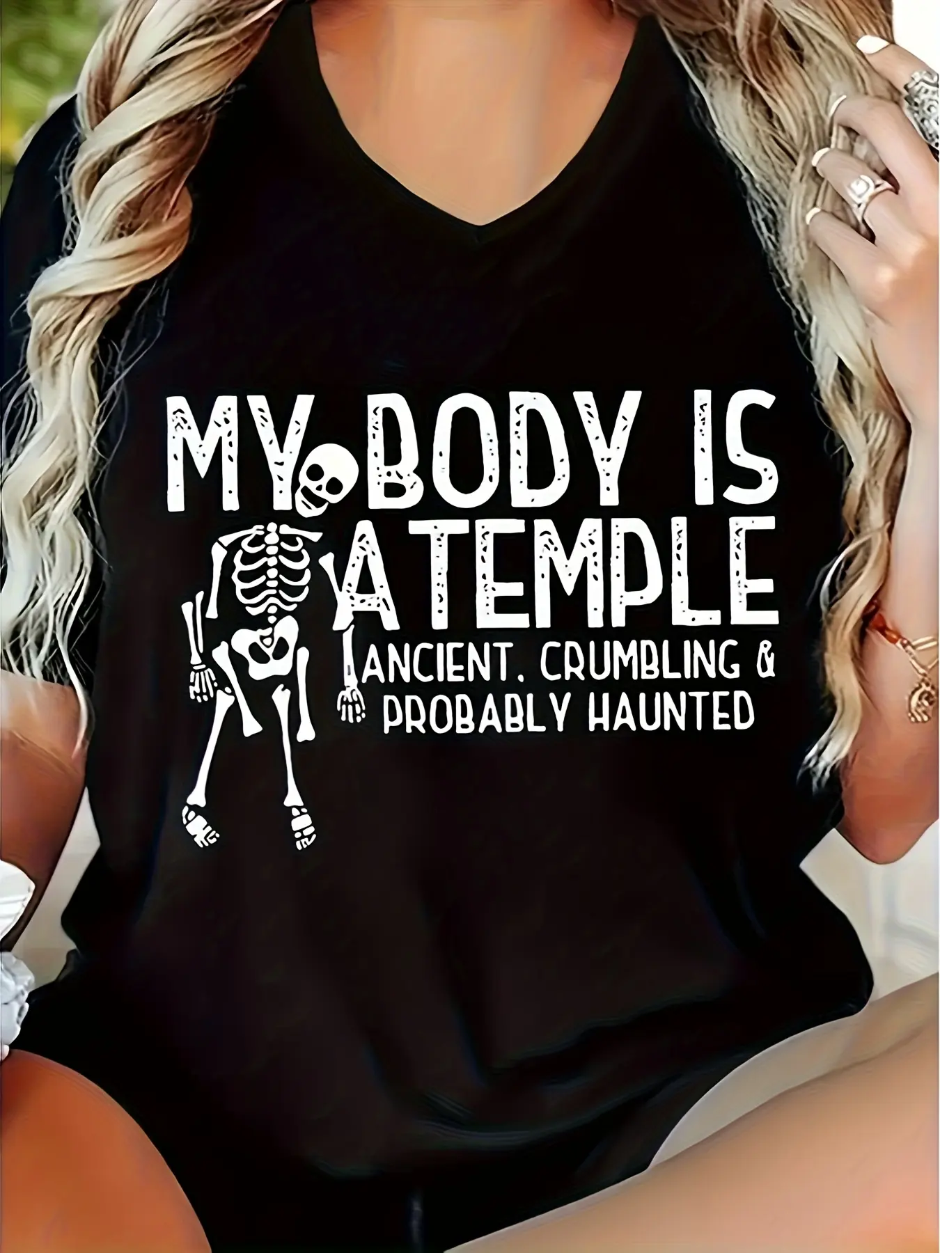 Women'S Funny "My Body is a Temple" Skeleton Graphic T-Shirt - Plus Size Black V-Neck Stretchy Retro Humor Tee with Anatomy Design, Comfortable Casual & Halloween Costume Party Outfit, Casual Attire, All-Season Comfort Fit for Body Positivity & Humo