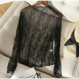 Trendy Sexy Women Mesh T-Shirts Transparent Lace Blouse Long Sleeve See Through Tops for Women O Neck Sheer Tees Body Crop Top  Elegant and fashionable women's lace and fungus trimmed slim fit long sleeved shirt