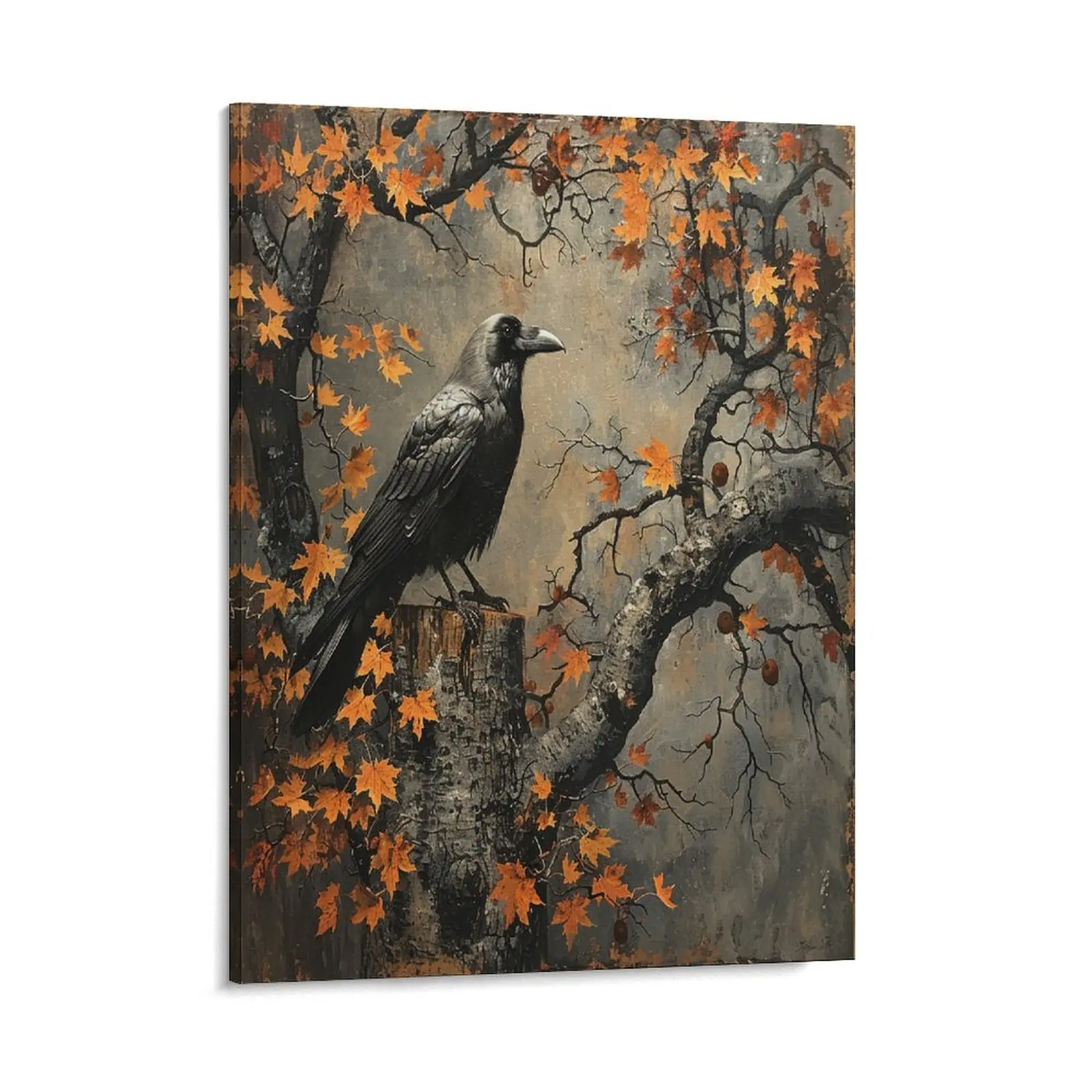 Antique Black Crow Canvas Posters Wall Art Prints Rustic Old Tree Orange Leaves Home Wall Aesthetic Living Room Bedroom Office Decor Festival Gift