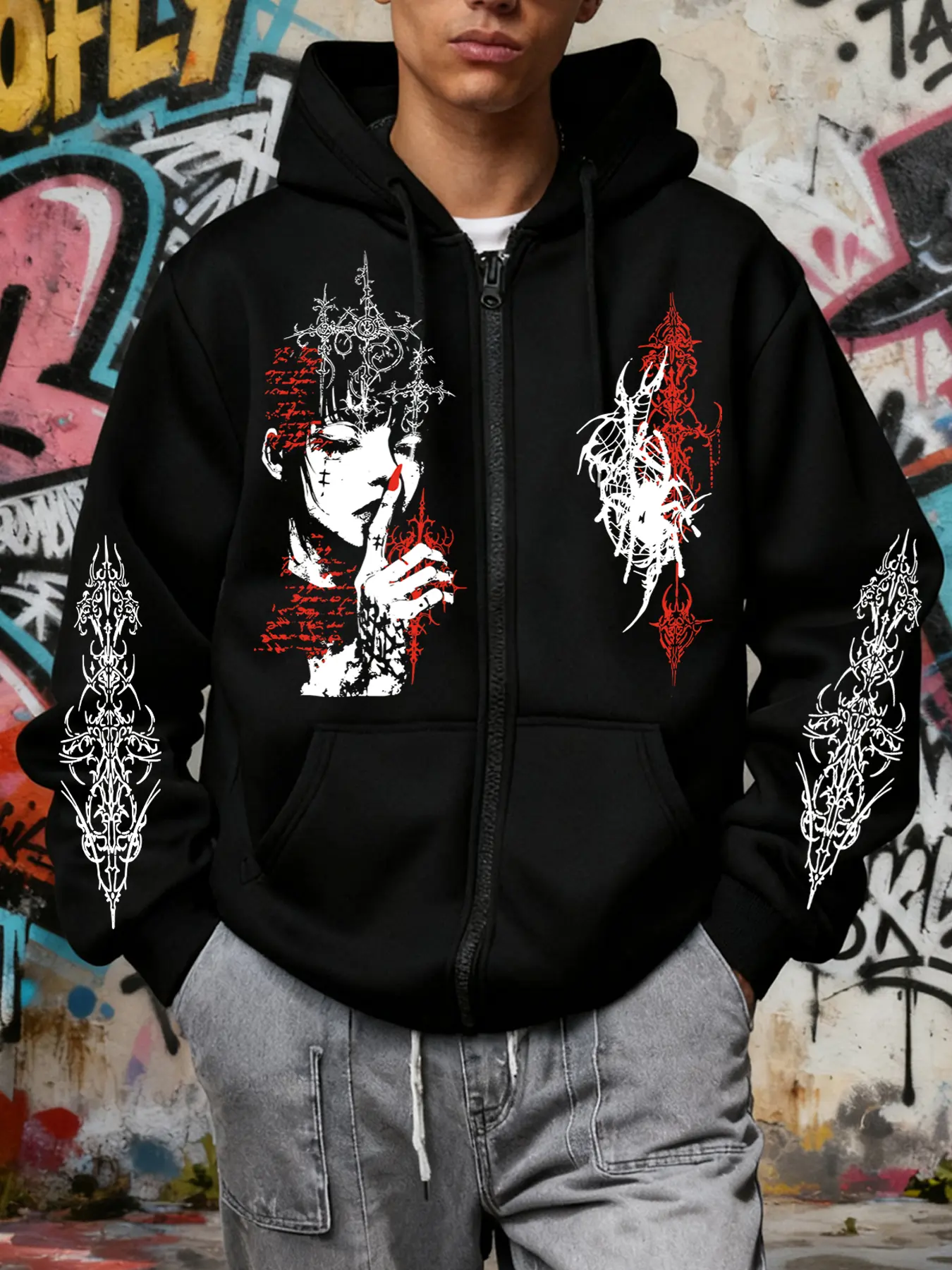 Gothic Comic Design Zip Hoodie, Casual Hooded Sweatshirt, Fashion Streetwear for Casual Occasions, Geometric Pattern, Fitted Style, Spring & Fall