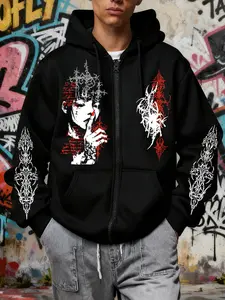 Gothic Comic Design Zip Hoodie, Fashion Streetwear for Casual Occasions, Geometric Pattern, Fitted Style, Spring & Fall