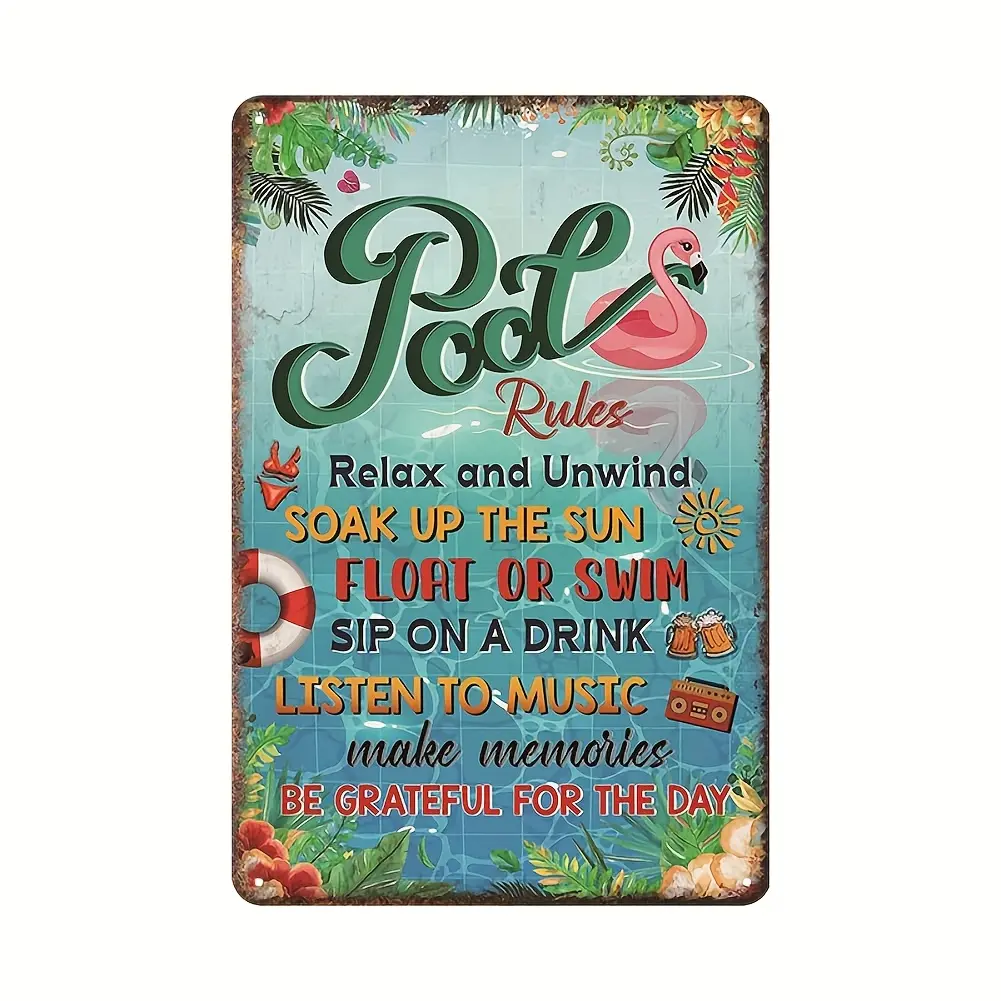 Vintage Metal Pool Rules Sign - 12x8 Inches, Funny Outdoor Decor for Beach, Patio, Porch & Backyard with Tropical Flamingo Design, Relaxing Swimming Pool Accessories, Poolside Decoration |   Playful Pool Sign |   Bold Graphics