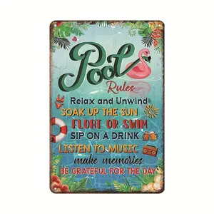 Vintage Metal Pool Rules Sign - 12x8 Inches, Funny Outdoor Decor for Beach, Patio, Porch & Backyard with Tropical Flamingo Design, Relaxing Swimming Pool Accessories, Poolside Decoration |   Playful Pool Sign |   Bold Graphics
