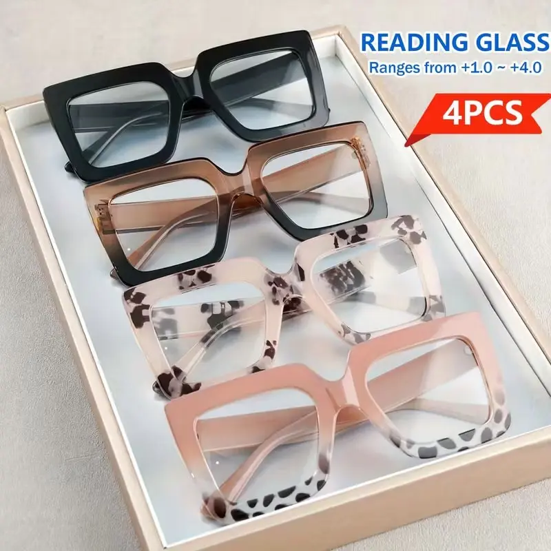 4PCS Unisex Fashion Retro Square Frame Trendy High-Definition Reading Monocles, PC Material, +1.0 to +4.0 Prescription, Lightweight and Durable, Ideal for Daily Computer Office Use, Reading Eyeglasses, Trending Eyeglasses, Reading Eyewear