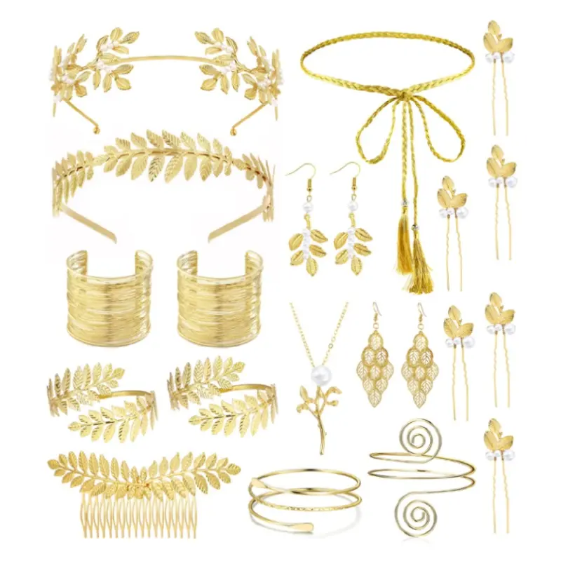 21pcs Gold Plated Greek Goddess Costume Accessory Set - 1.5in Laurel Crown, Arm Rings, Earrings, 1 Leaf Motif Hair Comb, 1pcs Tassel Dress Belt - For Daughter, Halloween Party