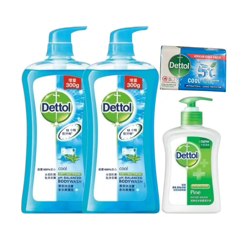 Dettol Cool Body Wash & Hand Wash Set, 300g x2 + 5.29oz Cleanser, pH-Balanced Formula, Gentle Daily Body Care for Comfort, Scented