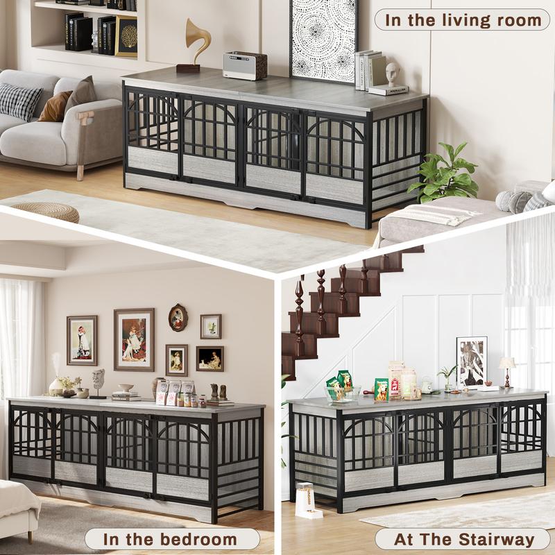 COZPAW 86 Inch Double Dog Crate Furniture for 2 Dogs, Decorative Dog Kennel Indoor TV Stand, Heavy Duty Wooden Dog Cage for Large Medium Dogs Sized Dog Pet House with Divider (Brown)