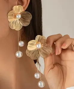 Pearl Dangle Earrings - Gold-Tone Floral Design with Lustrous Pearls, Elegant Dangle Studs for Weddings & Date Nights, Versatile Fashion Jewelry