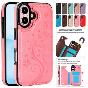 For iPhone 16 Pro Max 15 14 13 12 Card Wallet Case WOMEN Leather Wallet Case with Card Holder,  PU Leather Double Magnetic Buttons Flip Case