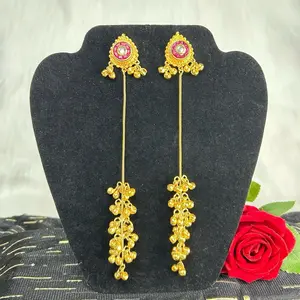 Hotpink And Gold Kashmiri Ghungroo Earrings with Intricate Design and Long Chain