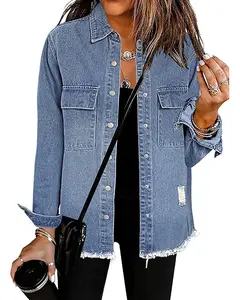 Christmas 2025 NYE 2026 Outfit Y2K Distressed Denim Shirt Jacket Oversized Fit Classic Blue Wash Multi Wear Style Cozy Winter Layering TikTok Trendy Women’s Outerwear Holiday Party Casual Wear Gift For Her 2025 Retro Closet Staple Necooer fashion  deals