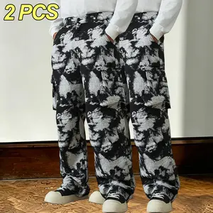Men’s Chinese-style black-and-white tie-dye work pants; marble-pattern gradient print wide straight-leg pants; trendy loose casual long pants with multiple pockets; high-street wide-leg long pants with a drapey feel—suitable for everyday commuting and hom