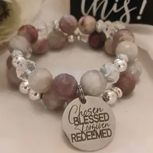 Chosen Blessed Redeemed Handcrafted Two Strand Bracelet with Pale Purple & White Beads Silver Hematite Spacers & Inspirational Charm