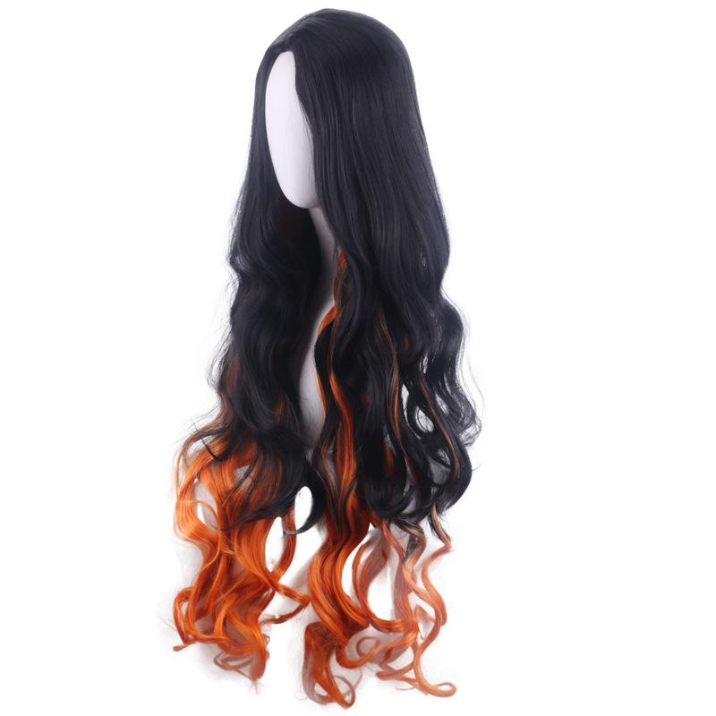 Anime Kamado Yellow Wigs Hair Cosplay Nezuko Hairs Cap Dye Gradient Long Curly Hair Halloween for Adult Woman