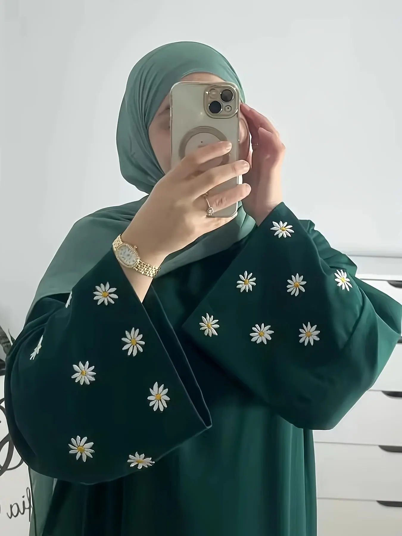 Women's Daisy Embroidery Long Sleeve Dress, Modest Long Dress for Ramadan, Spring & Fall Fashion, Loose-Fitting Woven Fabric Dress, Classy Modest Dresses, Modest Style Dress, Hijabi Cute Dresses, Muslim Dress