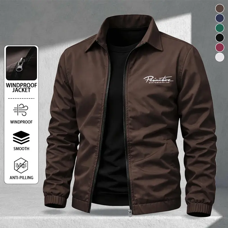 Men's stylish letter print collared jacket suitable for skin-friendly fabric, zipper design, street skateboard style, casual commuting wear, light business, sports, and simple jackets