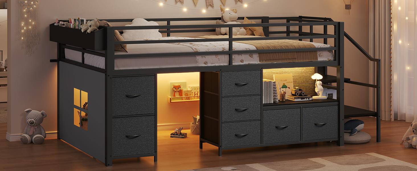 Sikaic Twin Low Loft Bed with Stairs, 7 Storage Drawers, Bookcase & LED Lights, Metal Loft Bed with 14" High Safety Guardrail, Inclined Ladder and Play Curtain, Under-Bed Play Space, Black, Home Furniture, Dorm Essentials [tiktokshopbacktoschool]