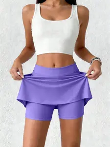 Plus Size Plain 2 In 1 Pocket Pocket Skorts, Casual Solid Elastic Waist Bottoms for Women Lady, Summer Clothes Women, Women's Bottoms for Summer, Tennis Skorts, Casual Comfy Skorts, Solid Color Skort