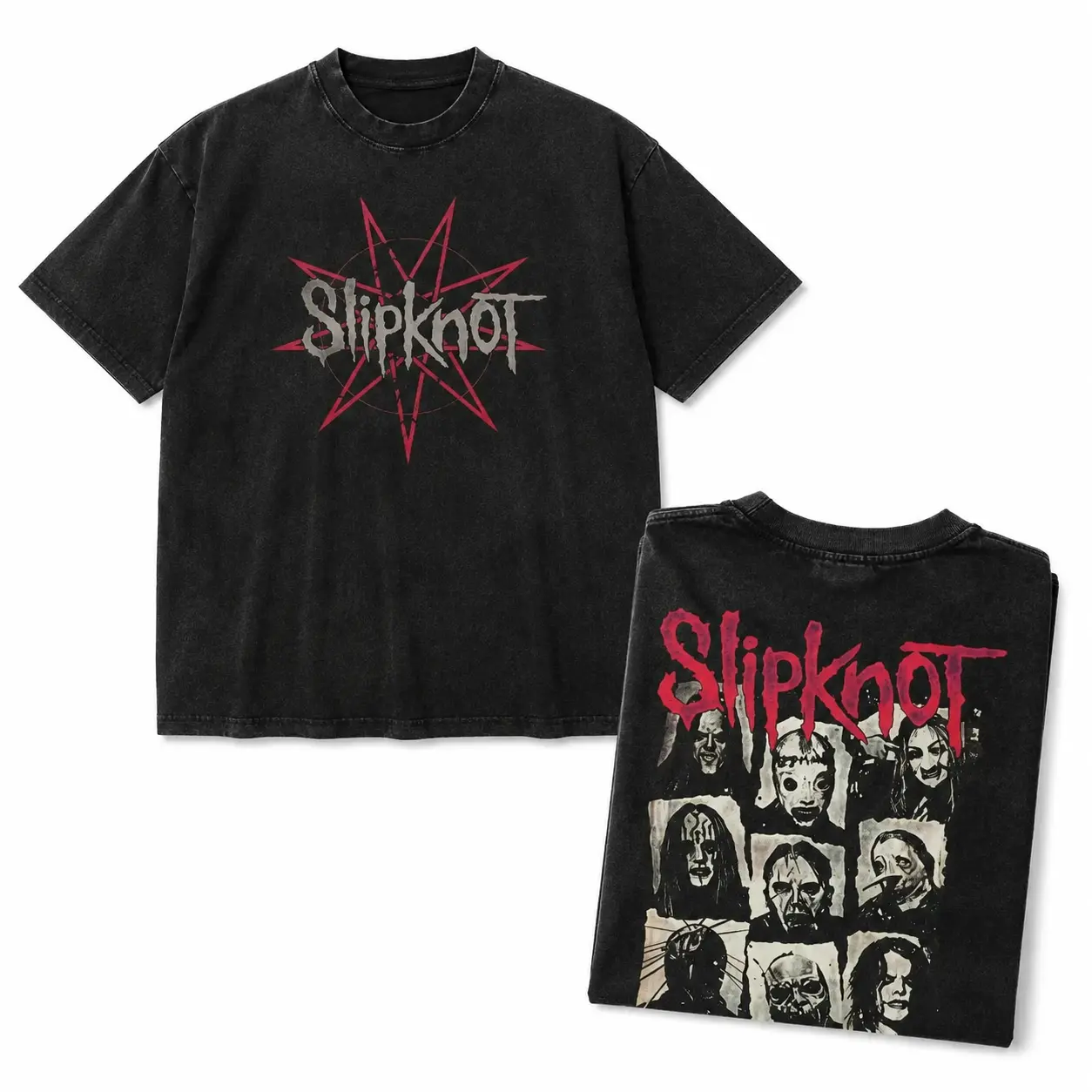 Unisex Acid Washed Slipknot Band Portrait Graphic 100 Percent Cotton Short Sleeve T Shirt Dark Y2K Punk Streetwear Top Suitable for Daily Errands Road Trip Gym Training Ideal Daily Outfit and Holiday Gift Apparel for Rock Music Enthusiasts