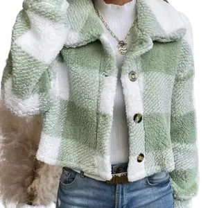 Woman’s Plaid Print Button Fromt Drop Shoulder Plush Coat Comfort Comfortable