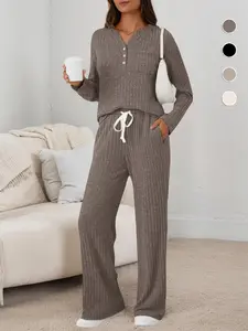 Women's Two-Piece Casual Set, Autumn Winter, Henley Neck Comfortable Sleepwear with Pocket Design, Home Wear, Loungewear