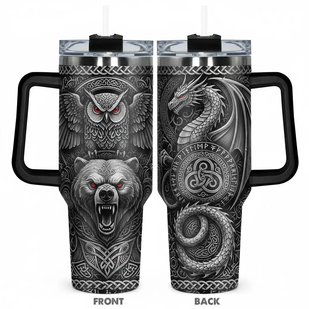 40oz Norse Mythology Dark Stainless Thermal Vacuum Tumbler Mug - Dual-Side Engraved Bear Owl & Dragon with Celtic Rune Design, Portable with Handle & Lid Included - 24+ Hrs Ice/Hot Retention for Camping, Cycling, Outdoor Use - Edgy Fantasy Easter, Bi