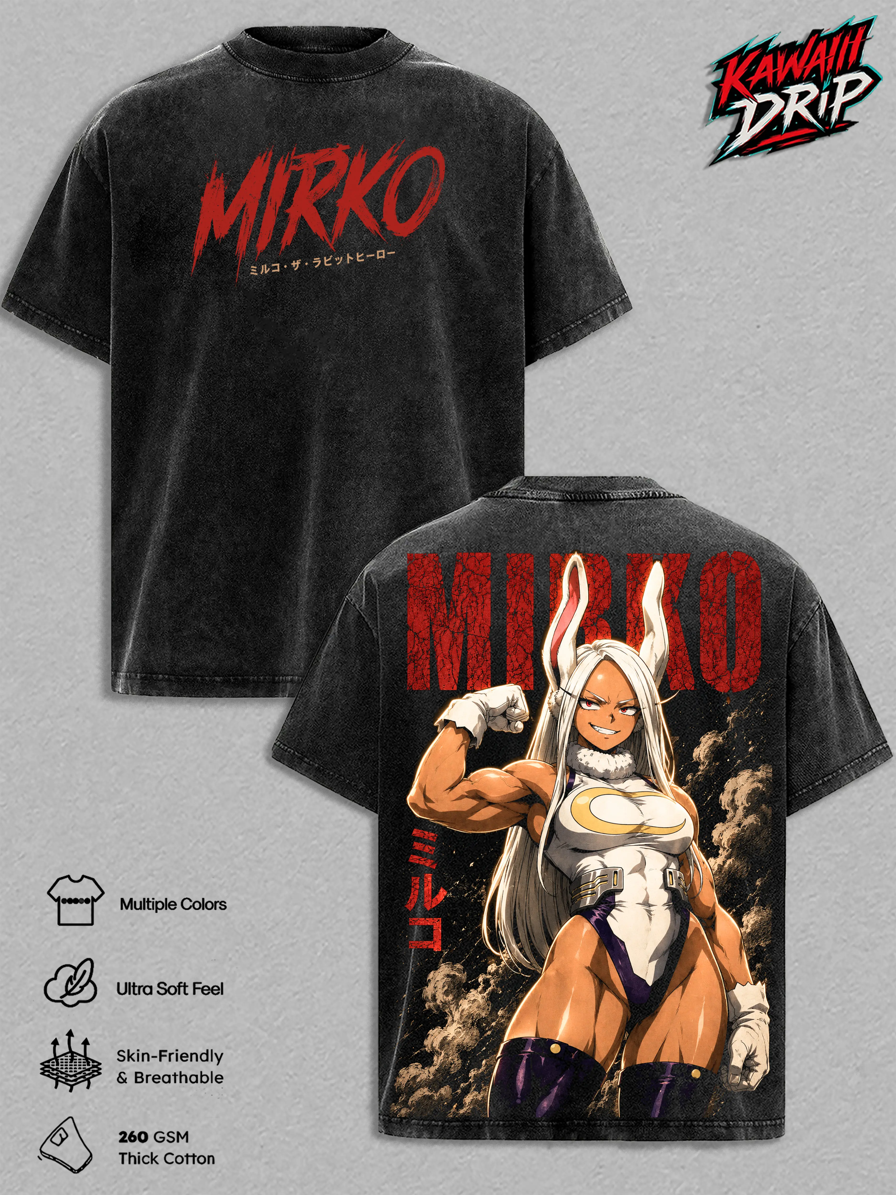 Mirko My Hero Academia Vintage Washed Graphic T Shirt, Rabbit Hero Anime Tee, Oversized Heavyweight Cotton Shirt, Manga Streetwear, Soft Breathable Tee, Gift for MHA Fans