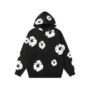 Unisex Designer Vintage Floral Puff Print Long-Sleeve Cotton Hooded Pullover Set - Casual Street Trend Sports Outerwear Sweatshirt with Kangaroo Pocket for All-Seasons Use