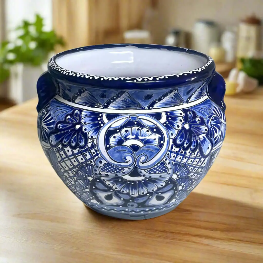 Handmade Talavera Planter | Blue & White Flower Pot